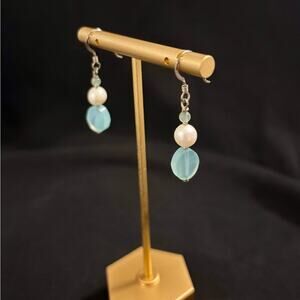 Freshwater Pearl & Aqua Glass Bead Drop Earrings Handmade Silver-Tone Dangle